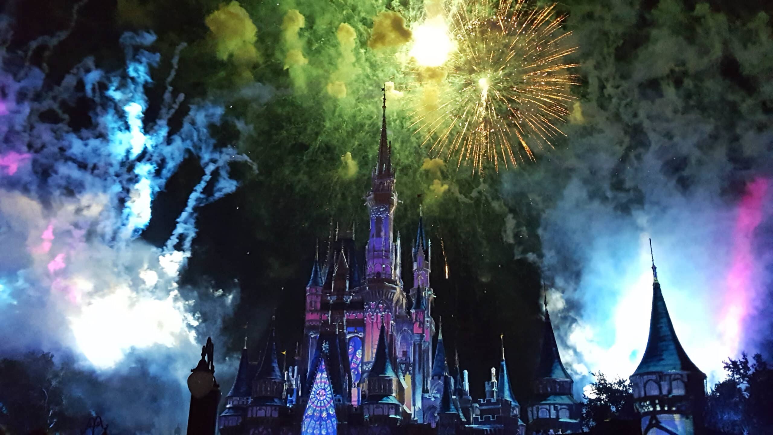 Vibrant fireworks illuminate Disneyland castle during night-time celebration in this colourful photograph.
