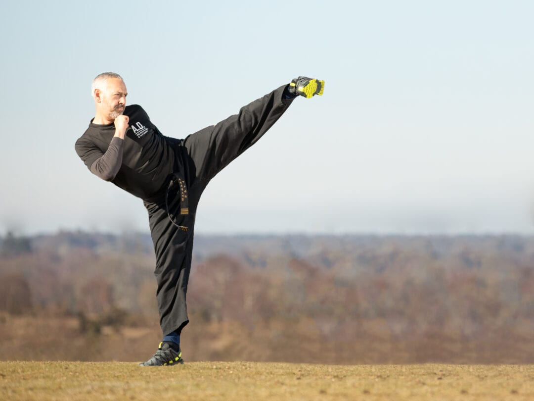 Martial arts instructor performing high kick outdoors, showcasing strength and flexibility.