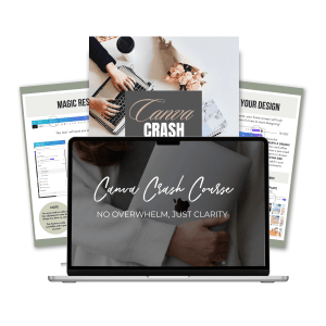 Laptop displaying Canva Crash Course; digital design training for beginners and entrepreneurs.